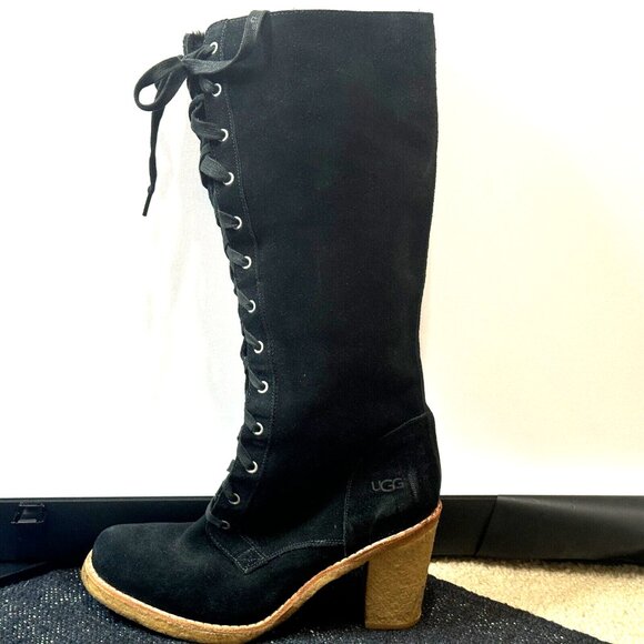 UGG Tall Suede Lace-Up Heeled Boot, Black US 9.5/EU 40.5/UK 8 - Picture 1 of 9
